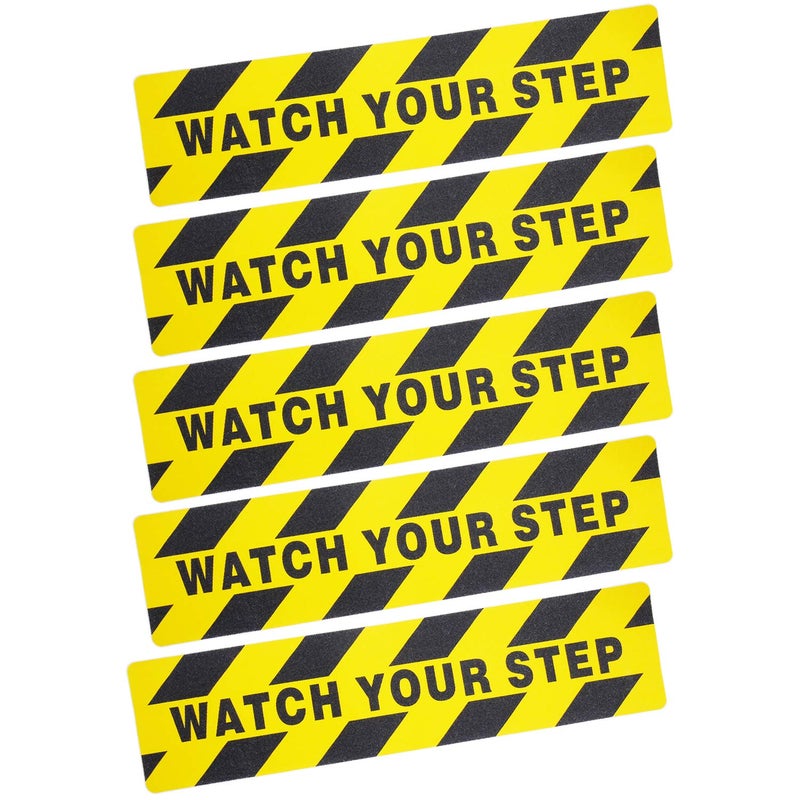 Grosun 5 Pieces Watch Your Step Warning Sticker Adhesive Tape Anti Slip Abrasive Tape for Workplace Safety Wet Floor Caution, 6 by 24 Inches (Black and Yellow) - Image 1